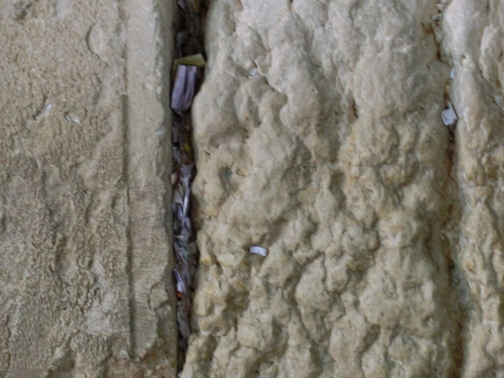壁の隙間にはユダヤ教徒の祈りを記した紙切れが差し込まれています。