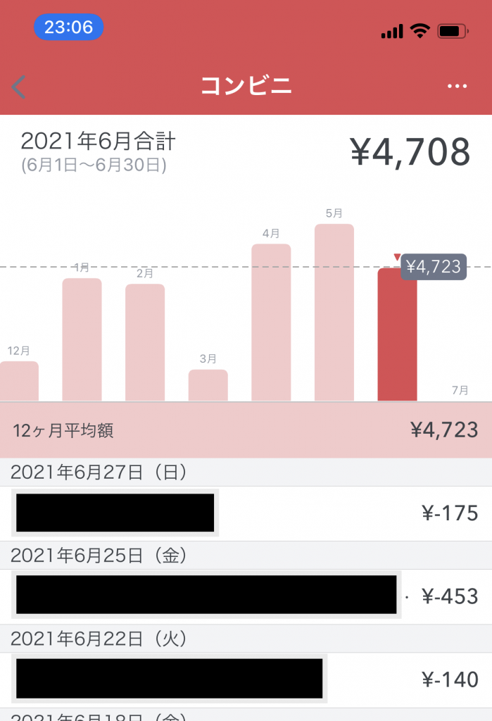 各月ごとのコンビニでの支出をグラフで見える化。更に12ヶ月平均線も表示してくれる。